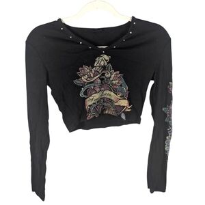 Urban Outfitters True Love Cropped Long Sleeve Studded Grunge Tattoo Shirt Small